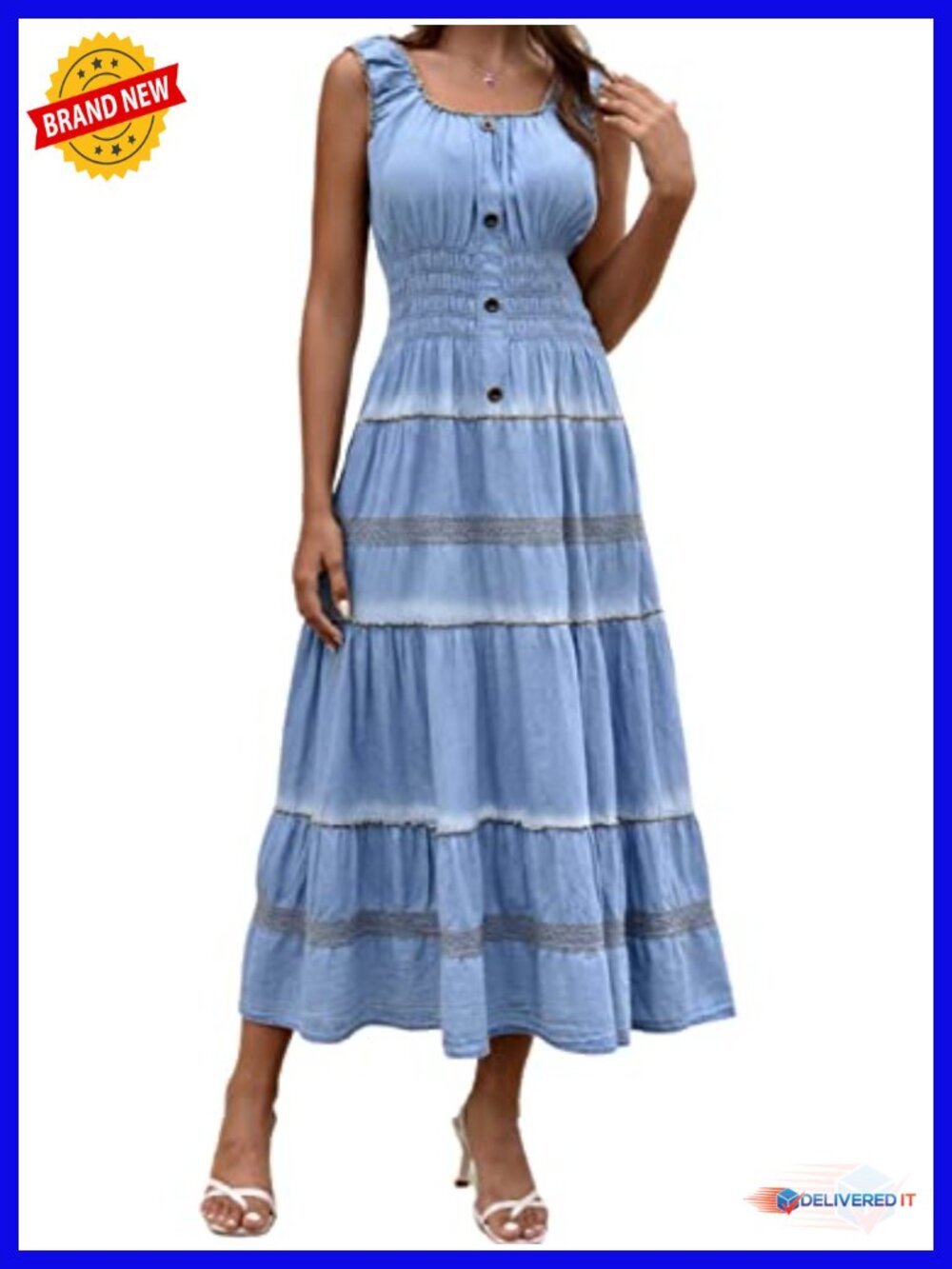 100% Cotton Denim Maxi Dress Sleeveless Square Neck Embroidered Summer